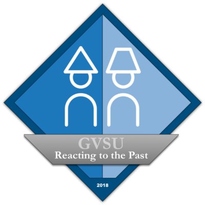 GVSU Reacting to the Past Logo with a drawing of two people wearing hats.